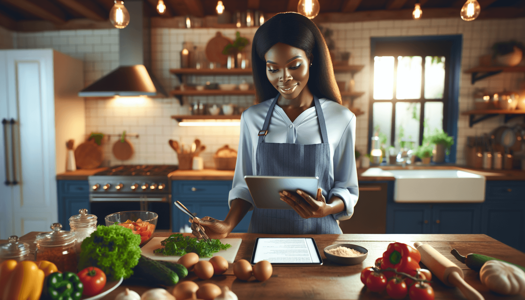 Housekeeper cooking while following a recipe on a tablet